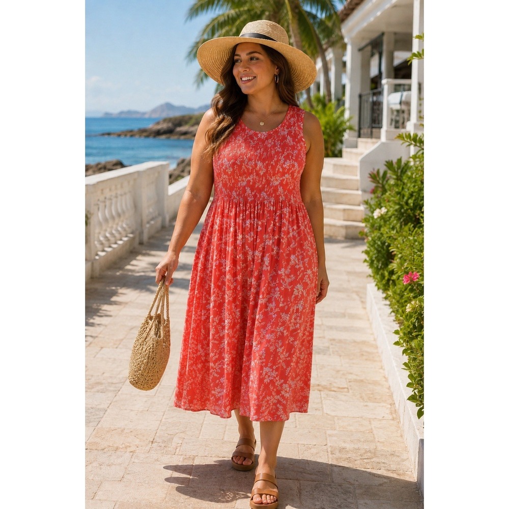 Croft & Barrow Large Coral Floral Smocked Dress Sleeveless Rayon Resort Coastal
